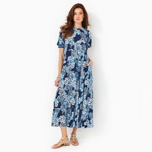 Lilly Pulitzer Ameilia Elbow Sleeve Midi Navy/Light Blue Floral Midi Dress 10
